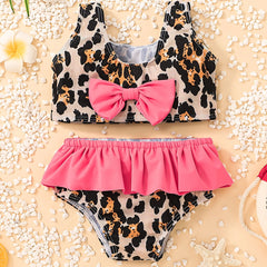 Girls Leopard Print Bow Ruffles Bikini Swimsuit Beach Swimwear Bathing Suits