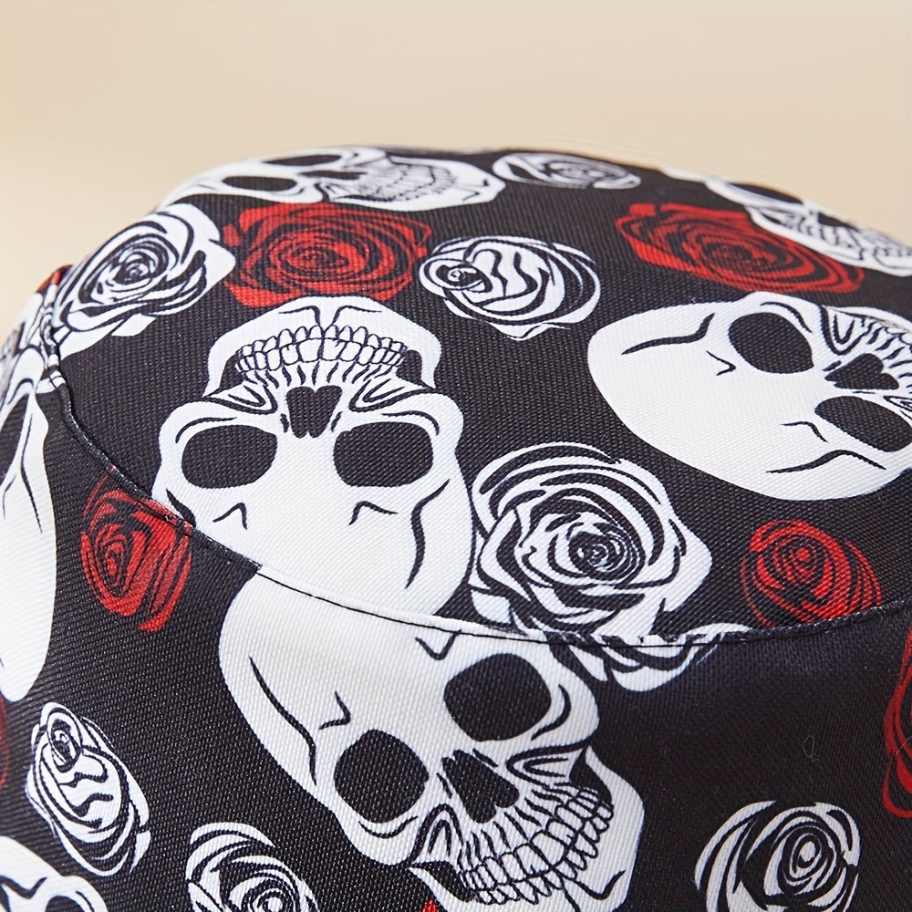 Skull Rose Print Sunshade Bucket Hat for Outdoor Travel