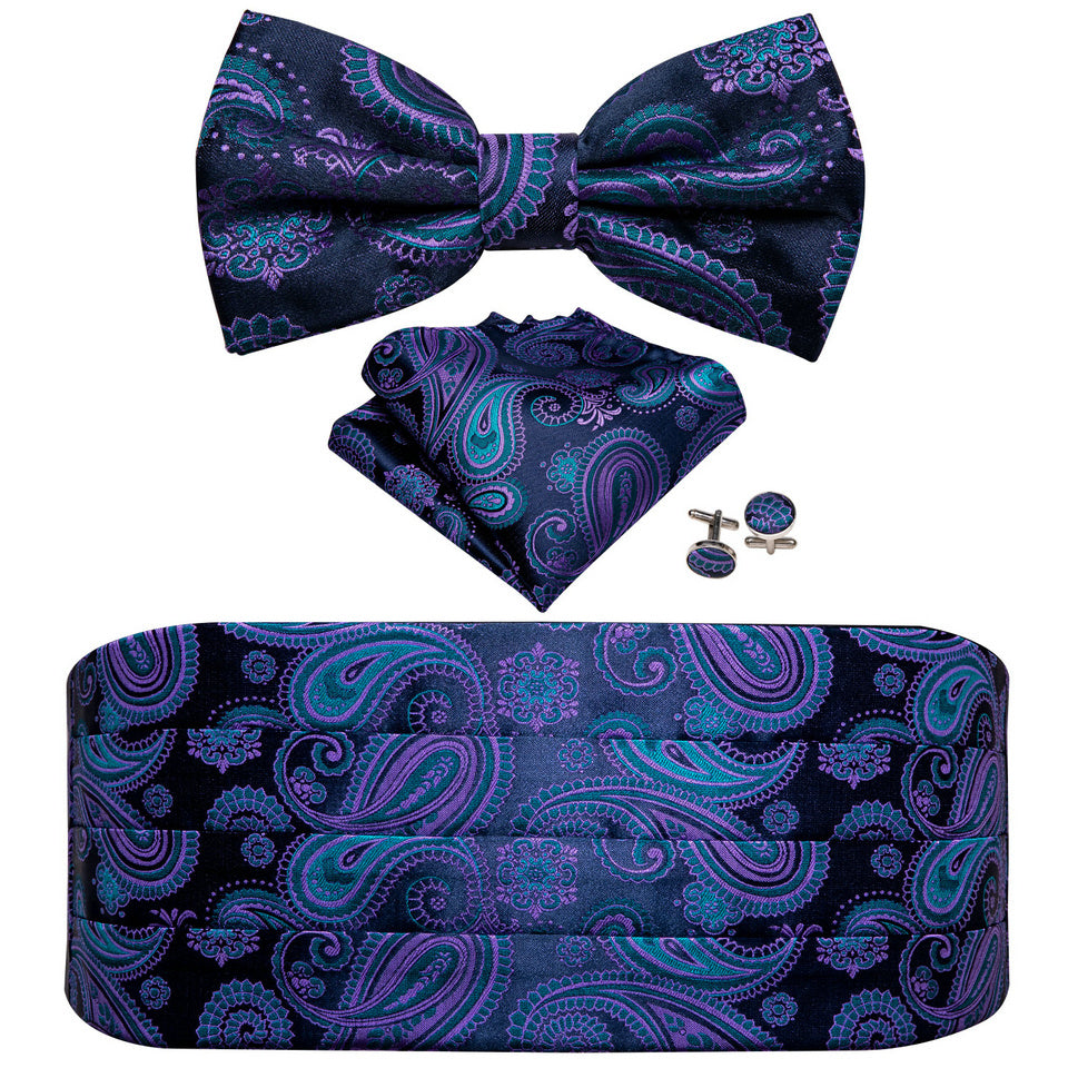Barry Wang Men's Golden Cummerbund Bowtie Set Silk Paisley Floral