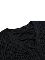 Criss Cross V Neck Solid Sweater Plus Size Lantern Sleeve Casual Sweater