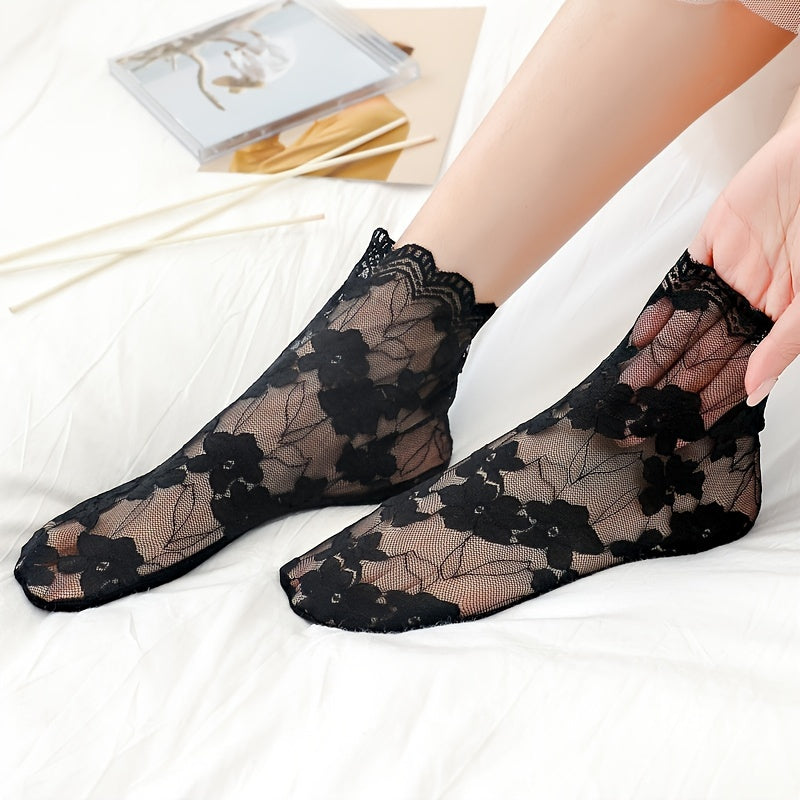 4 Pairs Lacy Floral Trim Socks Women's Stockings