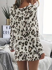 Women's Plus Leopard Print Long Sleeve V Neck Top & Drawstring Shorts Set