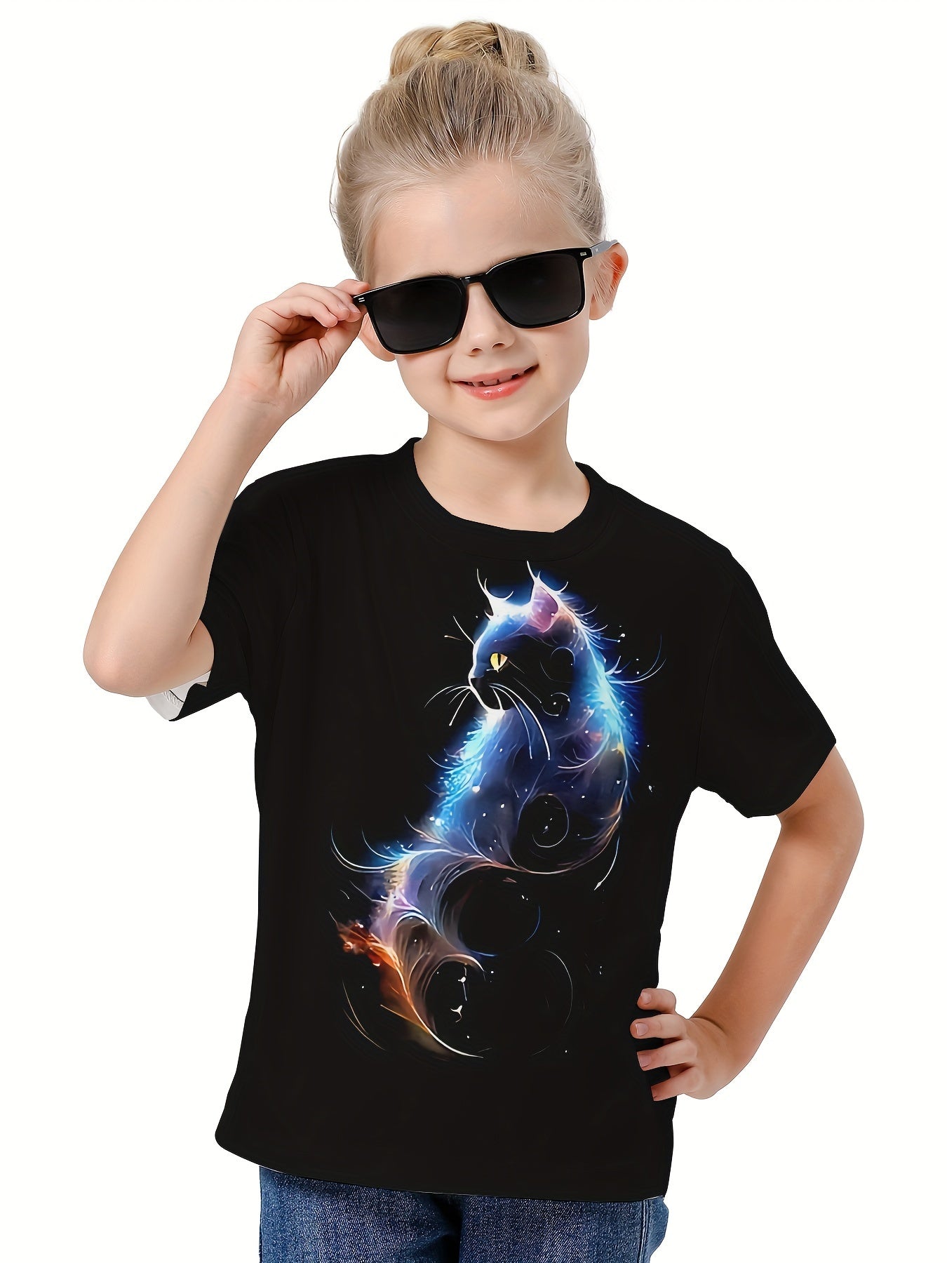 Girls Boys 3D Cat Graphic Short Sleeve T shirt Breathable Comfy Pullover Tops
