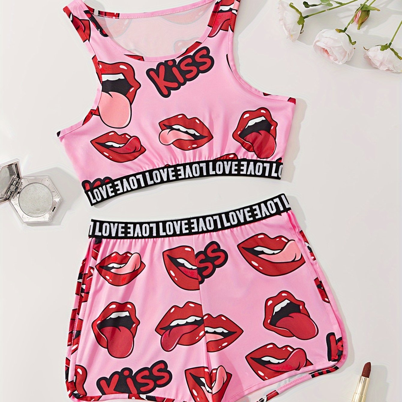 Lips Print Pajama Set Crew Neck Tank Top & Shorts