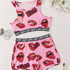 Lips Print Pajama Set Crew Neck Tank Top & Shorts