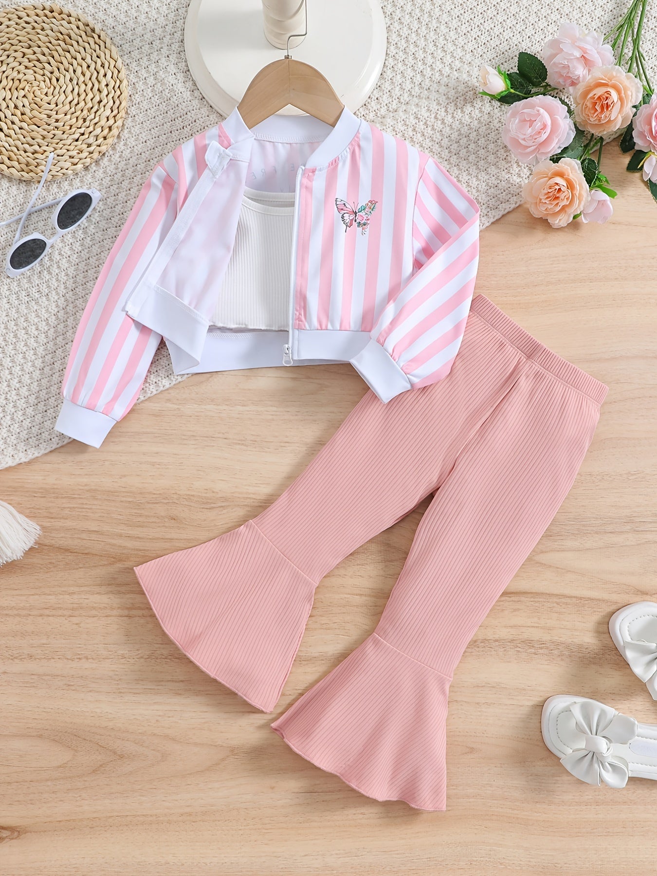 Girls Sleeveless Crop Tank Top Pants Striped Butterfly Jacket Set