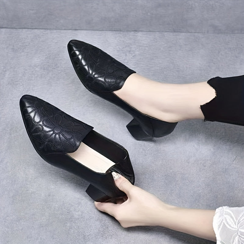 Flower Embroidered Mid Heel Pumps