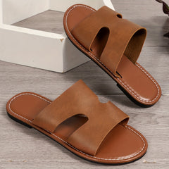 Women's Flat Sports Slides Faux Leather Outdoor Slippers
