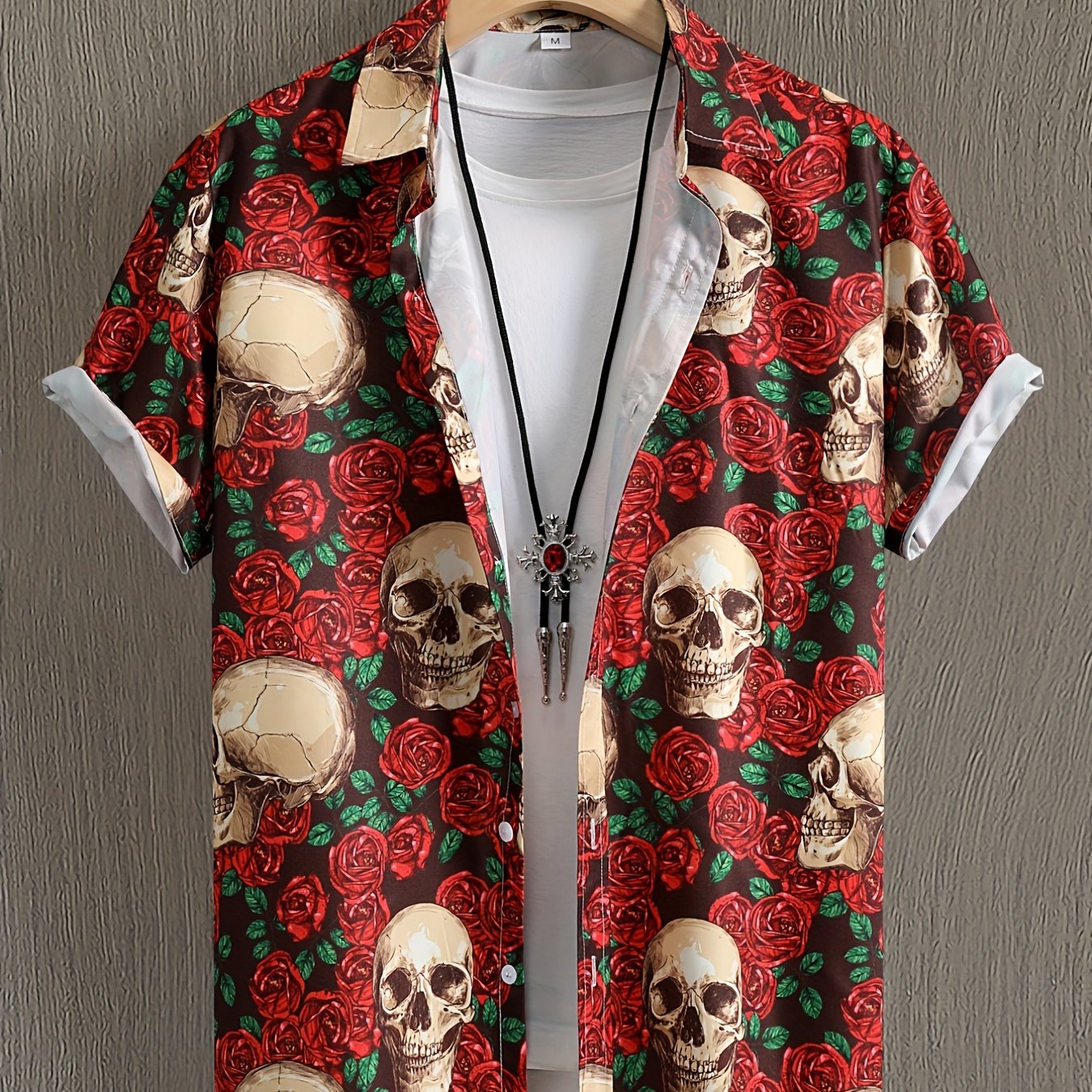 Skull & Rose Print Men's Casual Short Sleeve Shirt
