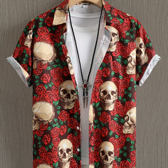 Skull & Rose Print Men's Casual Short Sleeve Shirt