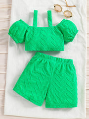 2pcs Toddler Girls Chevron Textured Crop Top & Shorts Set