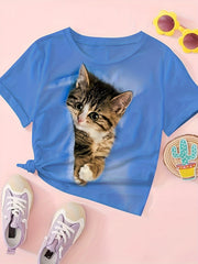 Cat Print Short Sleeve T Shirt Girls