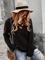 Solid Long Sleeve Sweater Women's Criss Cross V Neck Jumper