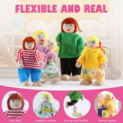 Wooden Dollhouse Family Set with Realistic Clothes for Kids Pretend Play