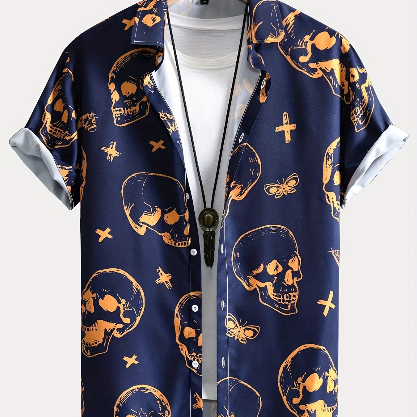 Men's Cross & Skull Print Camp Collar Bowling Shirt Short Sleeve