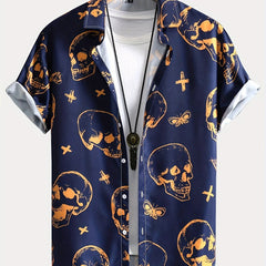 Men's Cross & Skull Print Camp Collar Bowling Shirt Short Sleeve