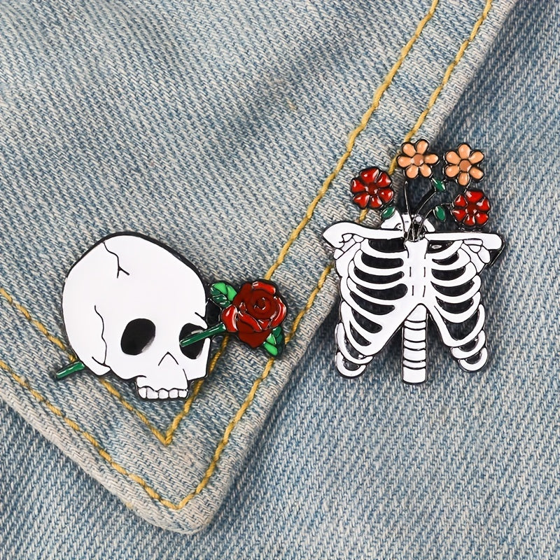 Enamel Skull Skeleton Rose Flower Drop Alloy Brooch Girls Bag Jewelry