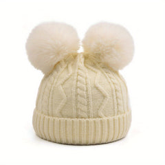 Kids Detachable Double Fur Ball Beanie Knitted Hat