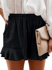 Boho Ruffle Trim Solid Shorts Casual Elastic Waist Summer Shorts With Pockets