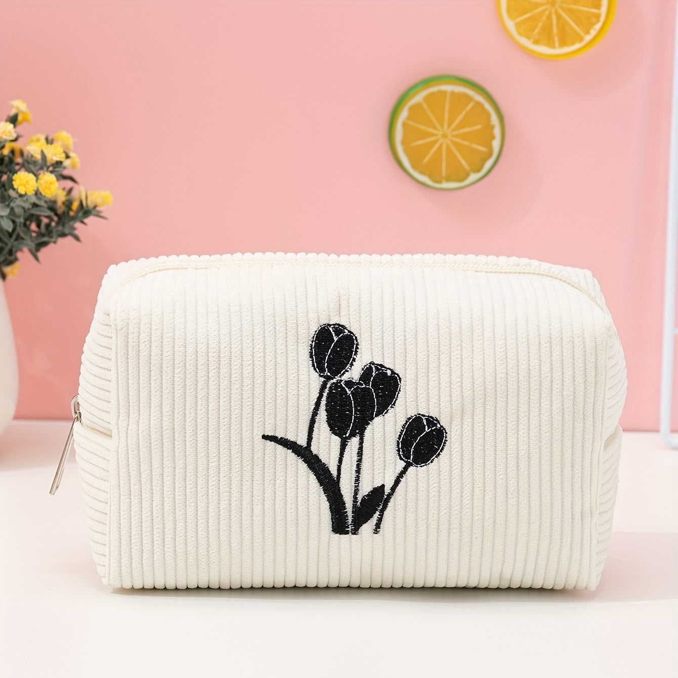Tulip Embroidery Square Makeup Bag Roomy Zipper Toiletry Bag