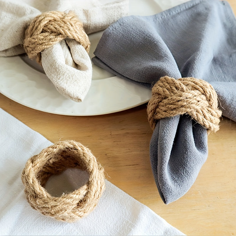 4pcs Linen Napkin Ring Handwoven Straw Western Restaurant Home Decor