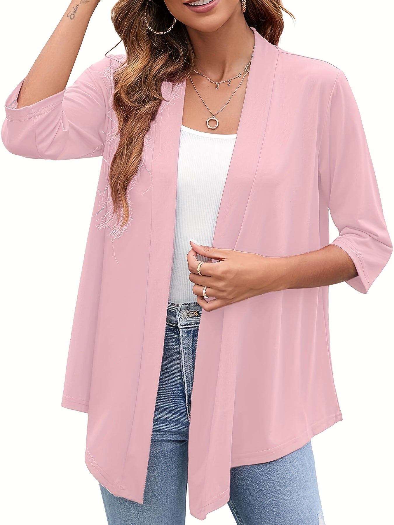 Solid Open Front Draped Cardigan 3/4 Sleeve Casual Cardigan