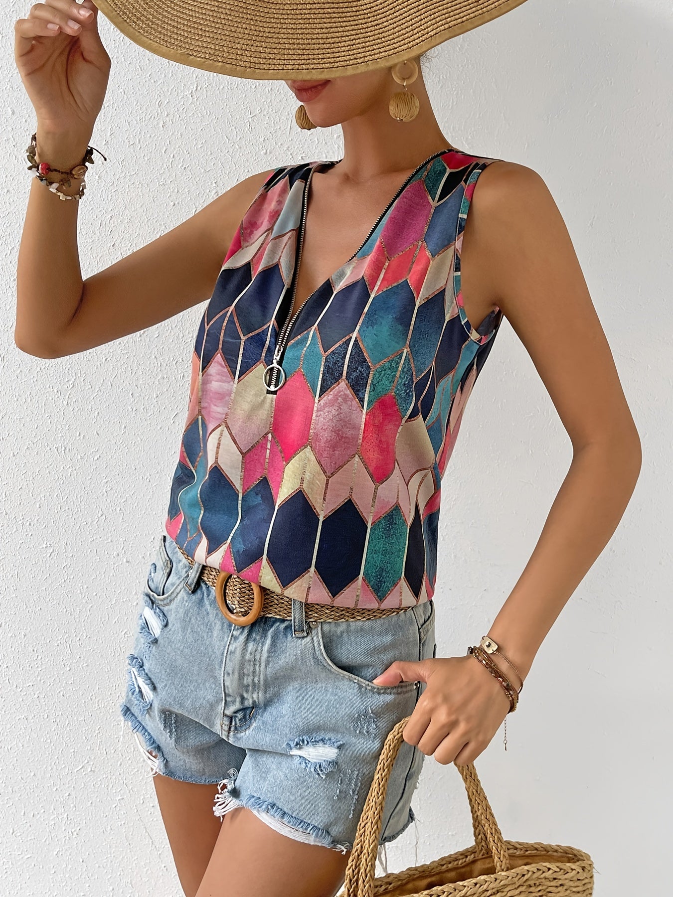 Gem Print Zip Up V Neck Tank Top Women's Clothing