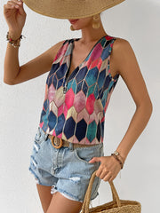 Gem Print Zip Up V Neck Tank Top Women's Clothing