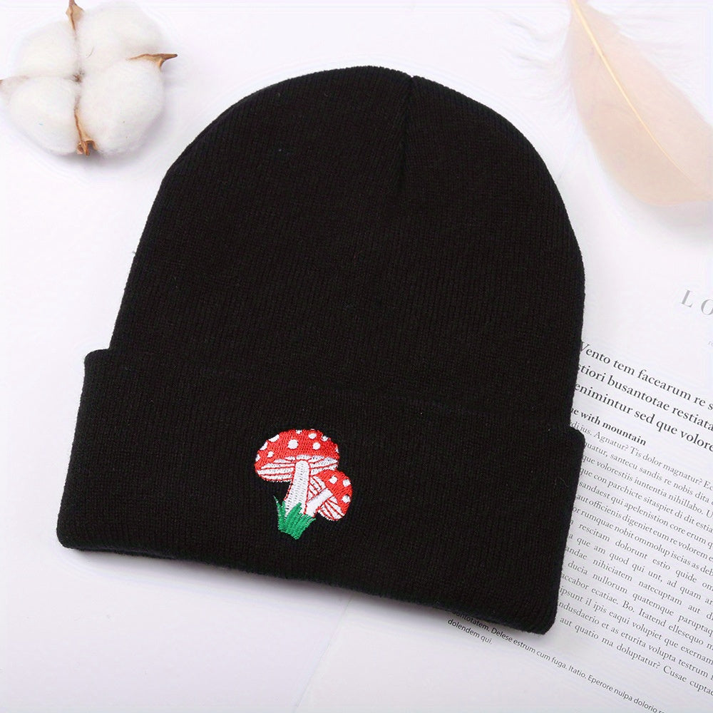 Red Mushroom Embroidery Beanie Cartoon Elastic Skull Cap