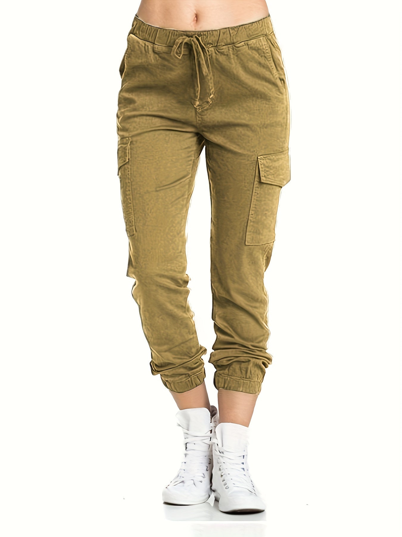 Y2K Solid Cargo Pants Elastic Waist Long Length With Pockets