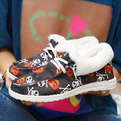 Women's Halloween Pumpkin & Skull Printed Plush Sneakers