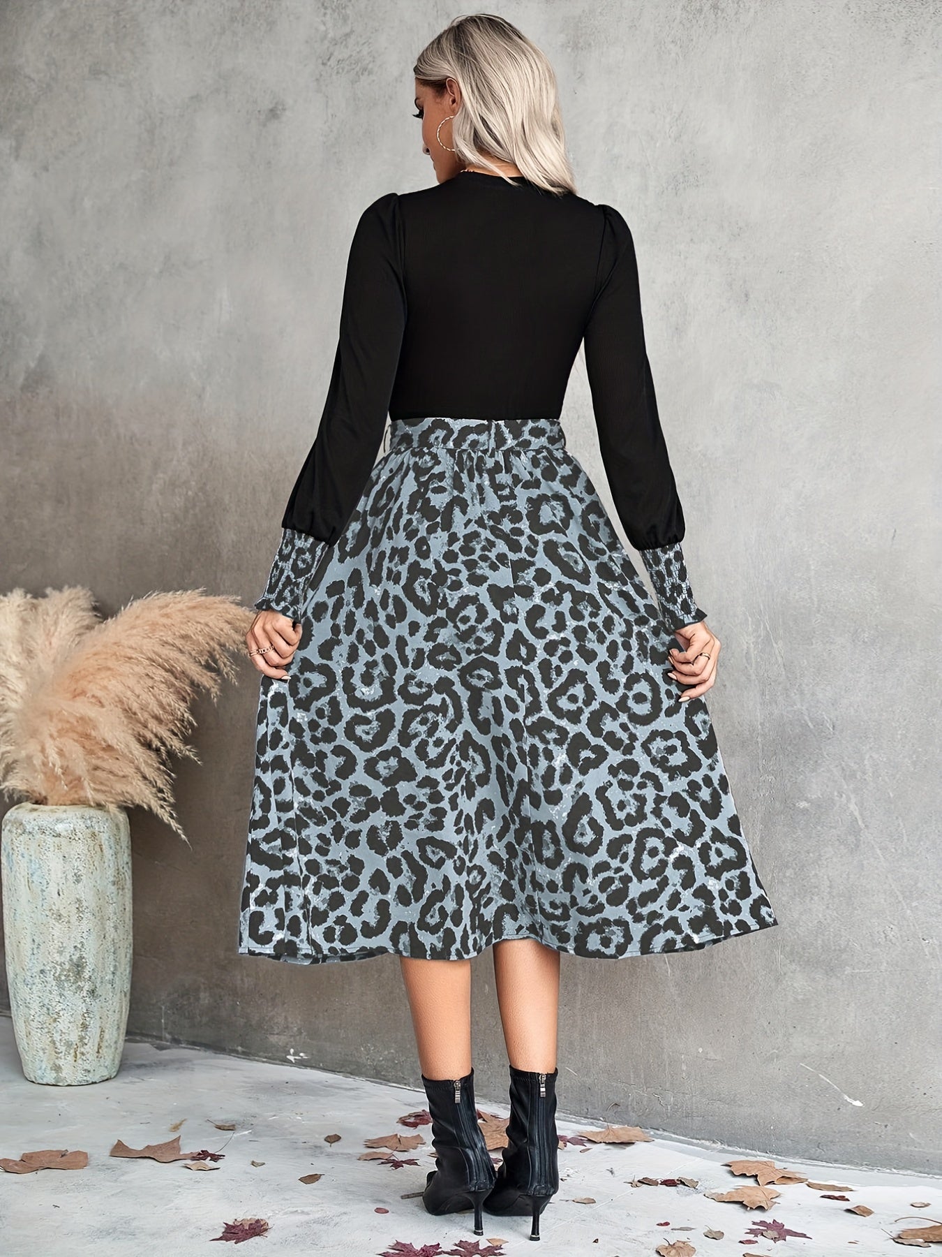 Leopard Print Set Crew Neck Lantern Long Sleeve T shirt & Belted Midi