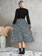 Leopard Print Set Crew Neck Lantern Long Sleeve T shirt & Belted Midi