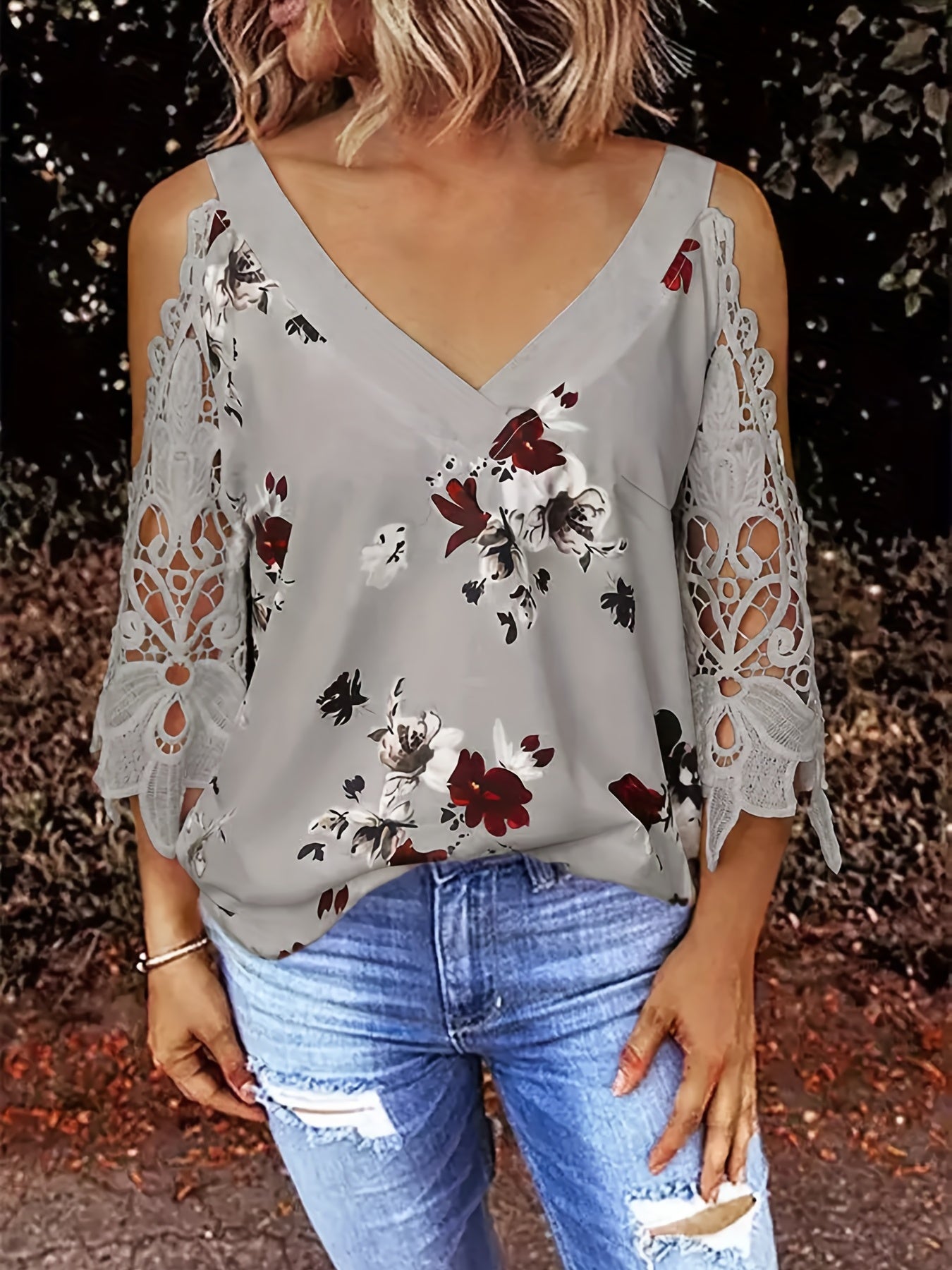 Floral Print Cold Shoulder Blouse with Lace Detail