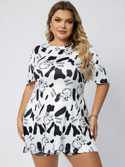 Cartoon Cow Print Short Sleeve T shirt & Shorts Set