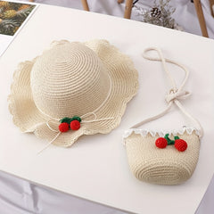 Girls Cherry Straw Sun Hat And Bag Set Lace Trim For Summer Kids