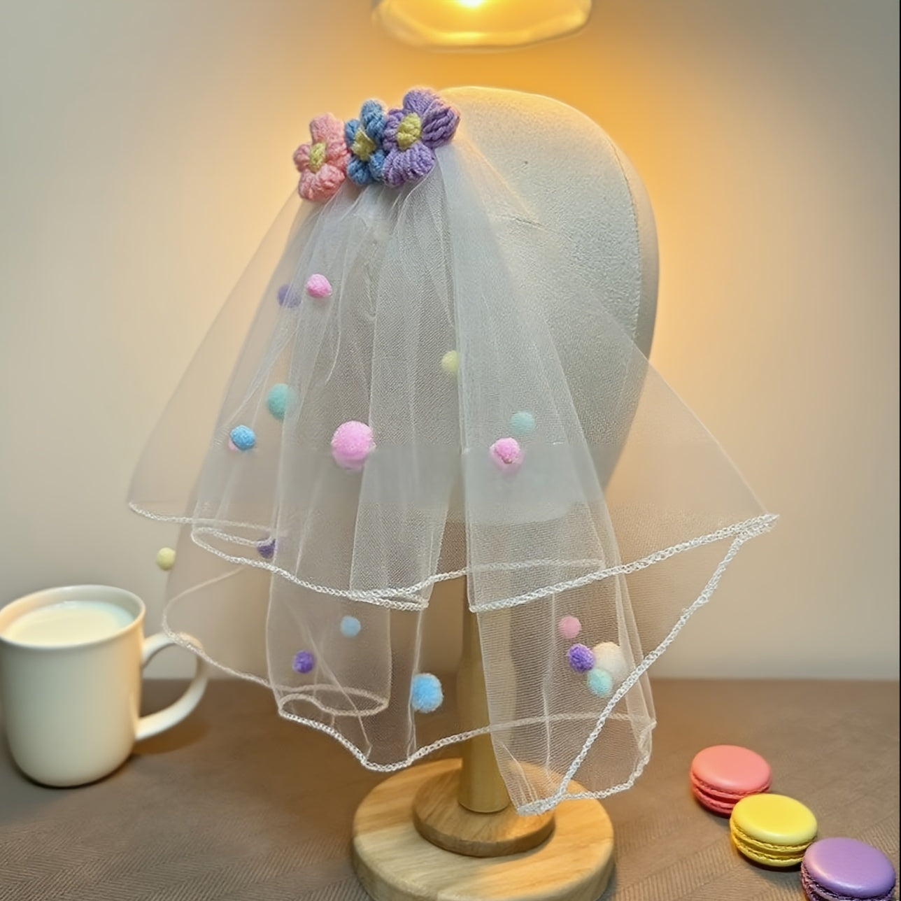 Colorful Pom Pom Ball Birthday Party Veil Headpiece