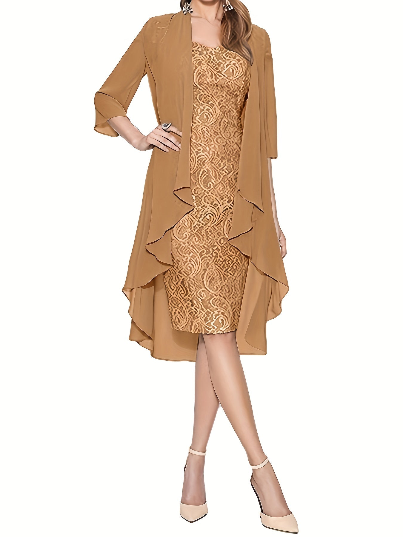 Long Cardigan & Lace Party Dress Set