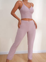 Lace Trim Pajama Set Sleeveless V Neck Cami Top & Pants