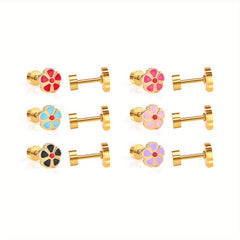 6pairs Flower Drip Screw Stud Earrings for Girls