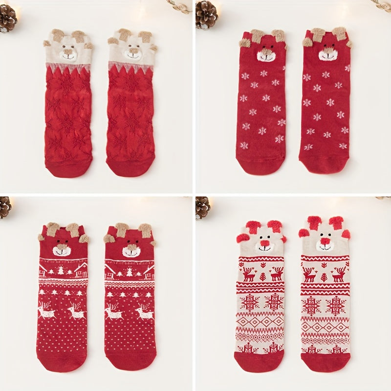 4 Pairs Cartoon Print Socks Comfy Christmas Mid Tube Women's Stockings