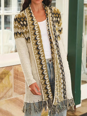 Boho Cardigan Women's Plus Geometric Pattern Fringe Trim Sweater