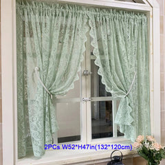 Green Beaded Lace Short Kitchen Curtain Light Filtering Half Curtain