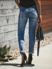 Slim Fit Ripped Denim Jeans Single Breasted High Stretch Casual Pants