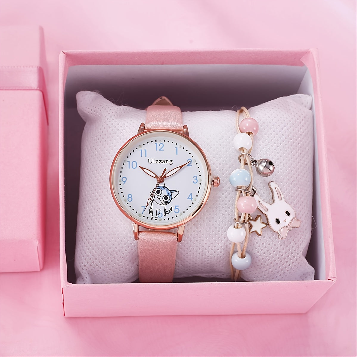 2pcs Girls Watch & Rabbit Pendant Bracelet Set Children's Gift