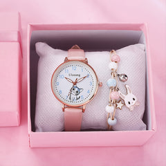2pcs Girls Watch & Rabbit Pendant Bracelet Set Children's Gift