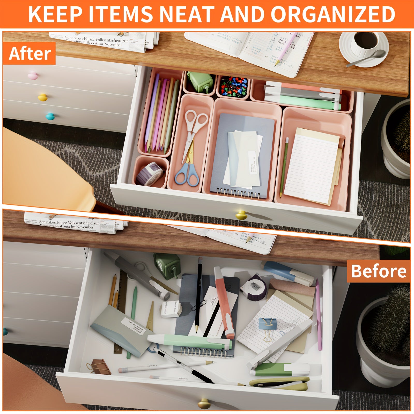 45PCS Plastic Pink Drawer Organizer Tray Divider Set for Makeup & Office Utensil