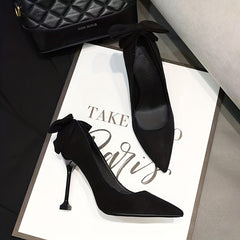 Solid Stiletto Heels Pointed Toe Slip-On Shoes with Bowknot Details