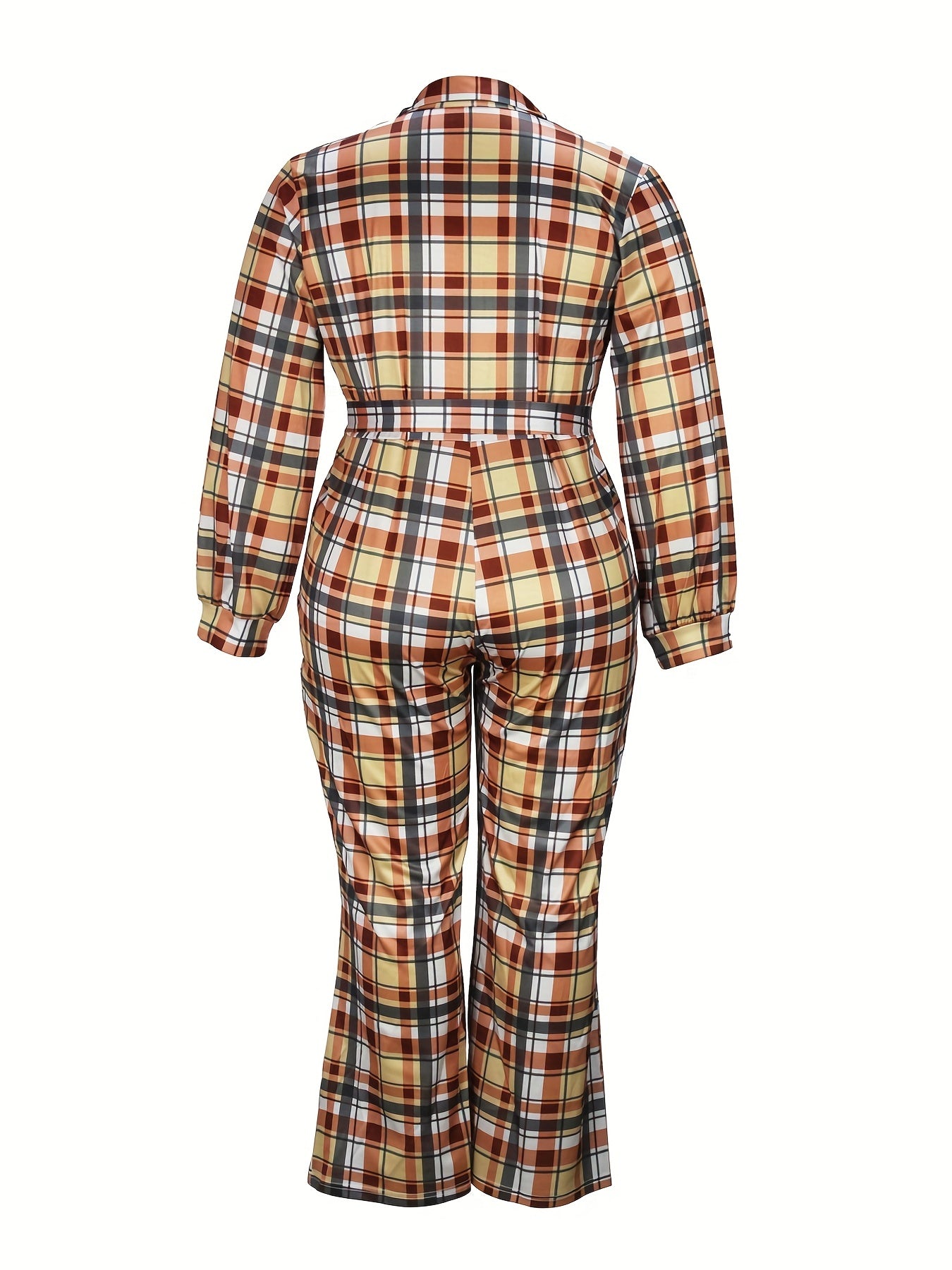 Plaid Print Lantern Sleeve Jumpsuit With Belt