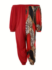 Colorblock Leopard Print Off Shoulder Jumpsuit